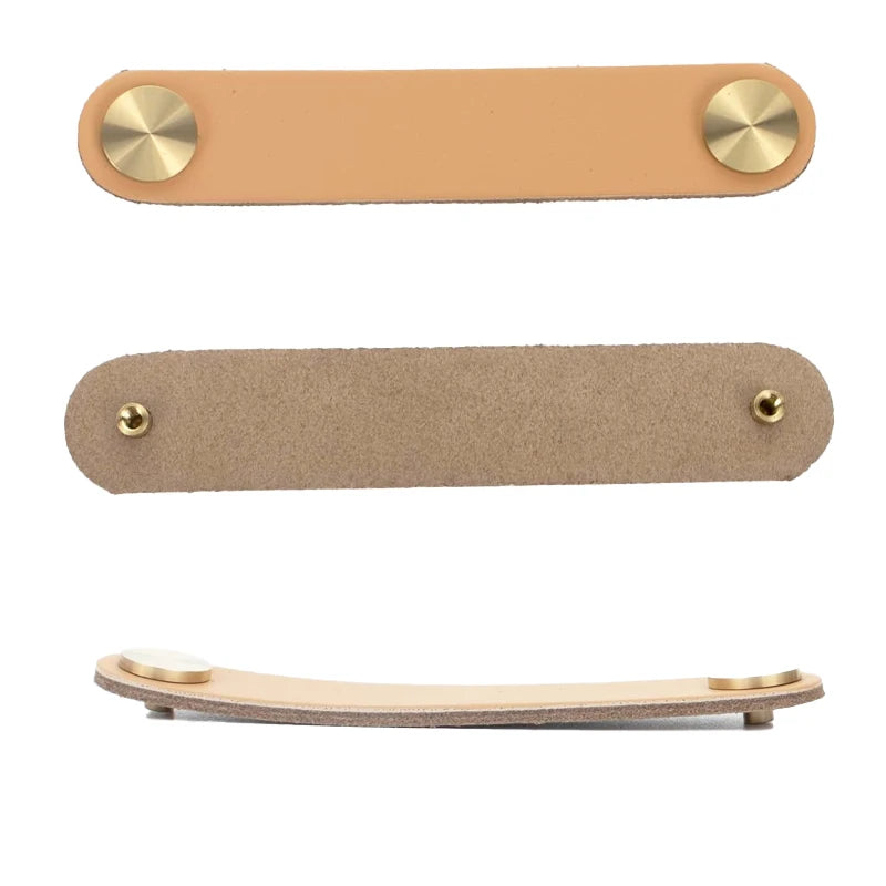 Pack 4 tiradores de cuero para muebles y armarios – tornillería dorada – 12 colores – 14 o 17 cm