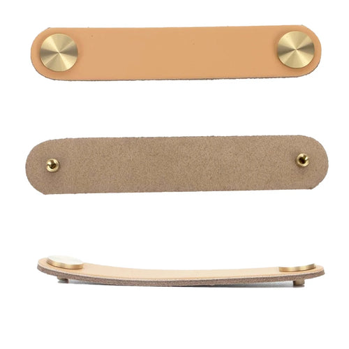 Pack 4 tiradores de cuero para muebles y armarios – tornillería dorada – 12 colores – 14 o 17 cm