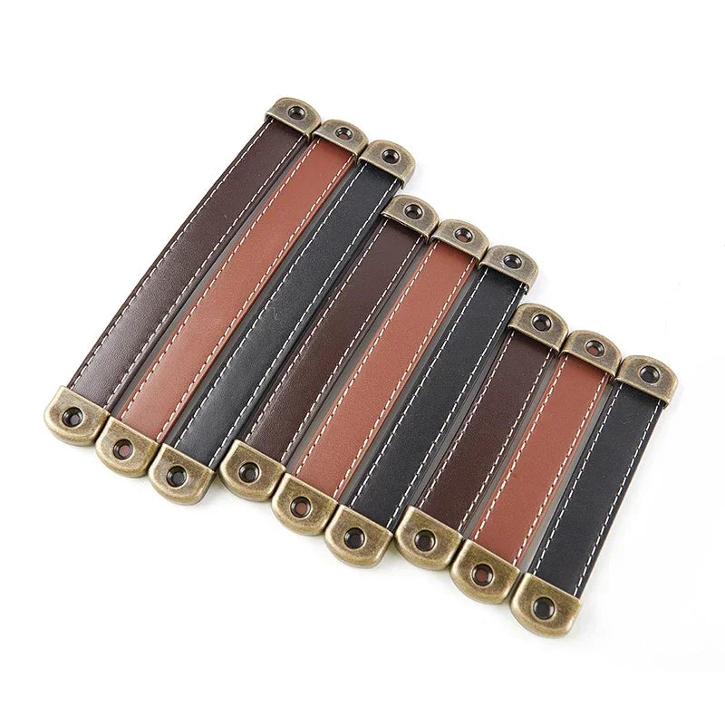 Tirador vintage de piel para muebles y cajones – terminales de bronce – 96, 128 o 160 mm