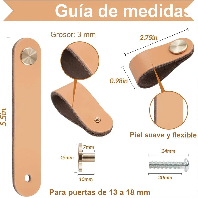 Pack 4 tiradores de cuero para muebles y armarios – tornillería dorada – 12 colores – 14 o 17 cm