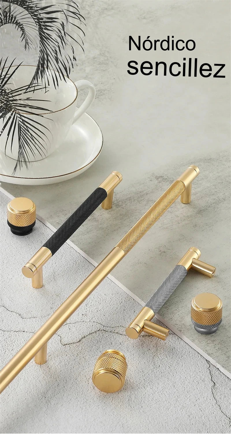 Tirador de cocina moleteado dorado y negro – aluminio – para muebles y armarios – pomo, 96, 128 o 256 mm