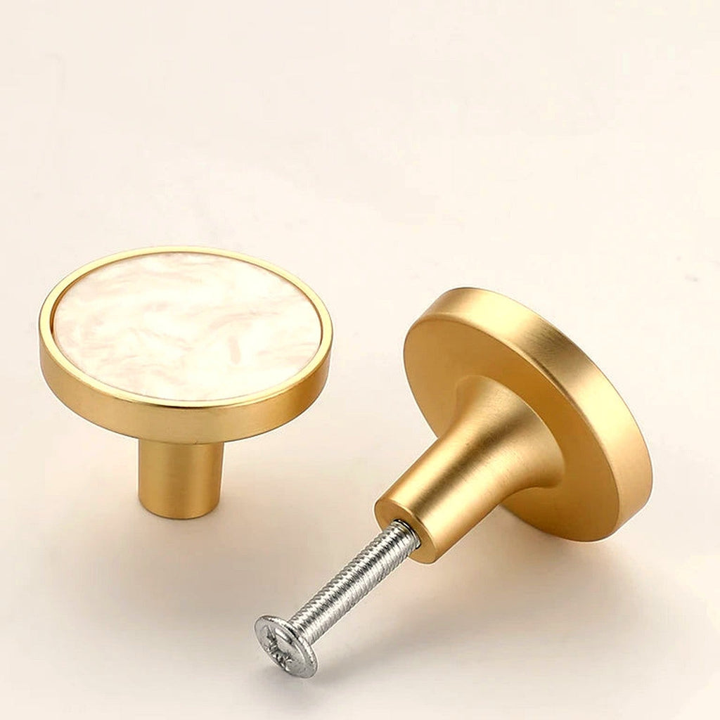 Pomo dorado redondo para muebles y armarios – incrustación efecto piedra y nácar – 10 acabados – 32 o 50 mm