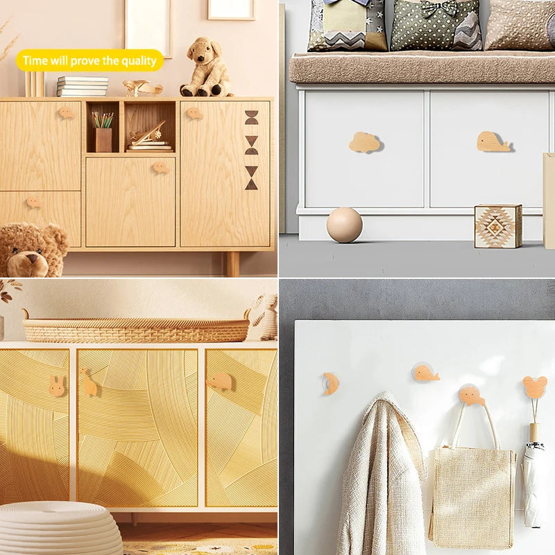 Pomo infantil de madera para cómoda y armario de bebé – animales, nubes, estrellas y lunas – haya