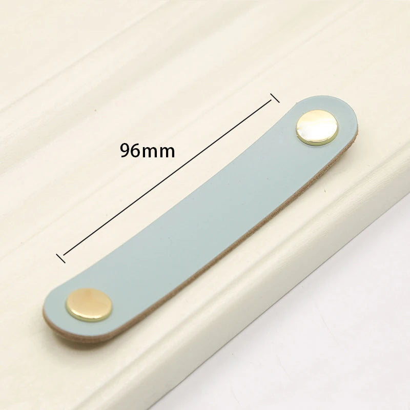 Pack 4 tiradores de cuero para muebles y armarios – tornillería dorada – 12 colores – 14 o 17 cm