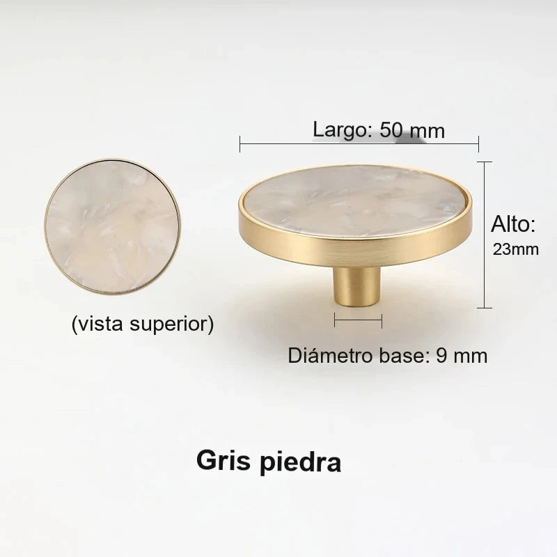Pomo dorado redondo para muebles y armarios – incrustación efecto piedra y nácar – 10 acabados – 32 o 50 mm