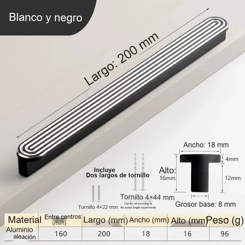 Tirador de diseño moderno para muebles y cajones – relieve de líneas – dorado o blanco y negro – pomo a 160 mm