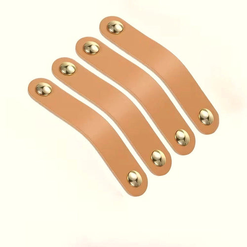 Pack 4 tiradores de cuero para muebles y armarios – tornillería dorada – 12 colores – 14 o 17 cm