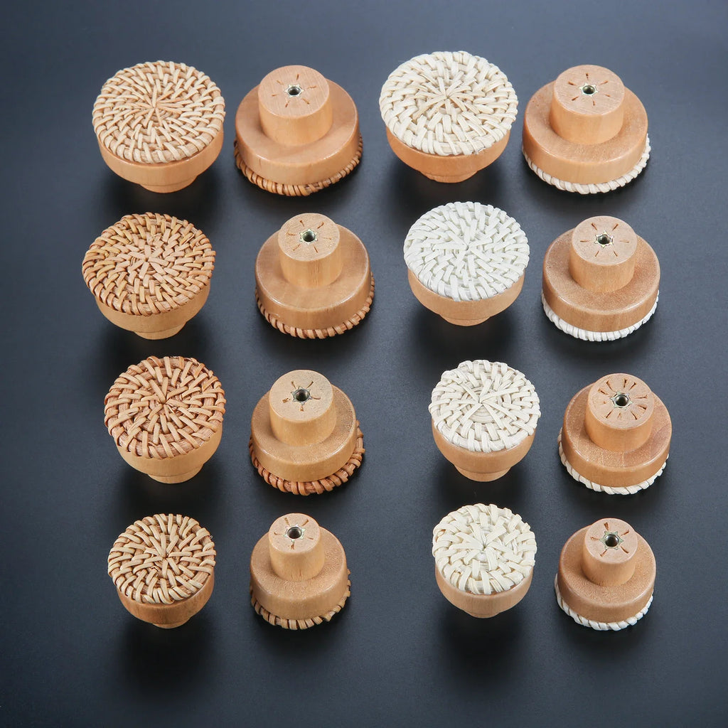 Pomo de madera y ratán para muebles y cajones – tejido a mano – pack de 2 – Ø 30 a 45 mm